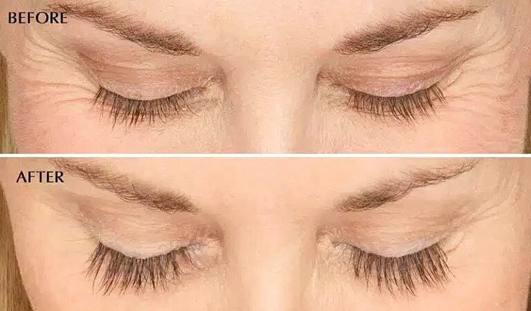 Eyelash enhancement before and after comparison.
