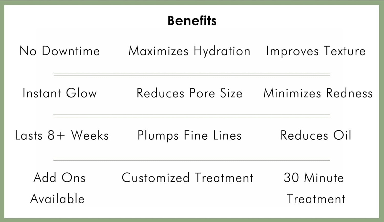 List of skincare treatment benefits and features.